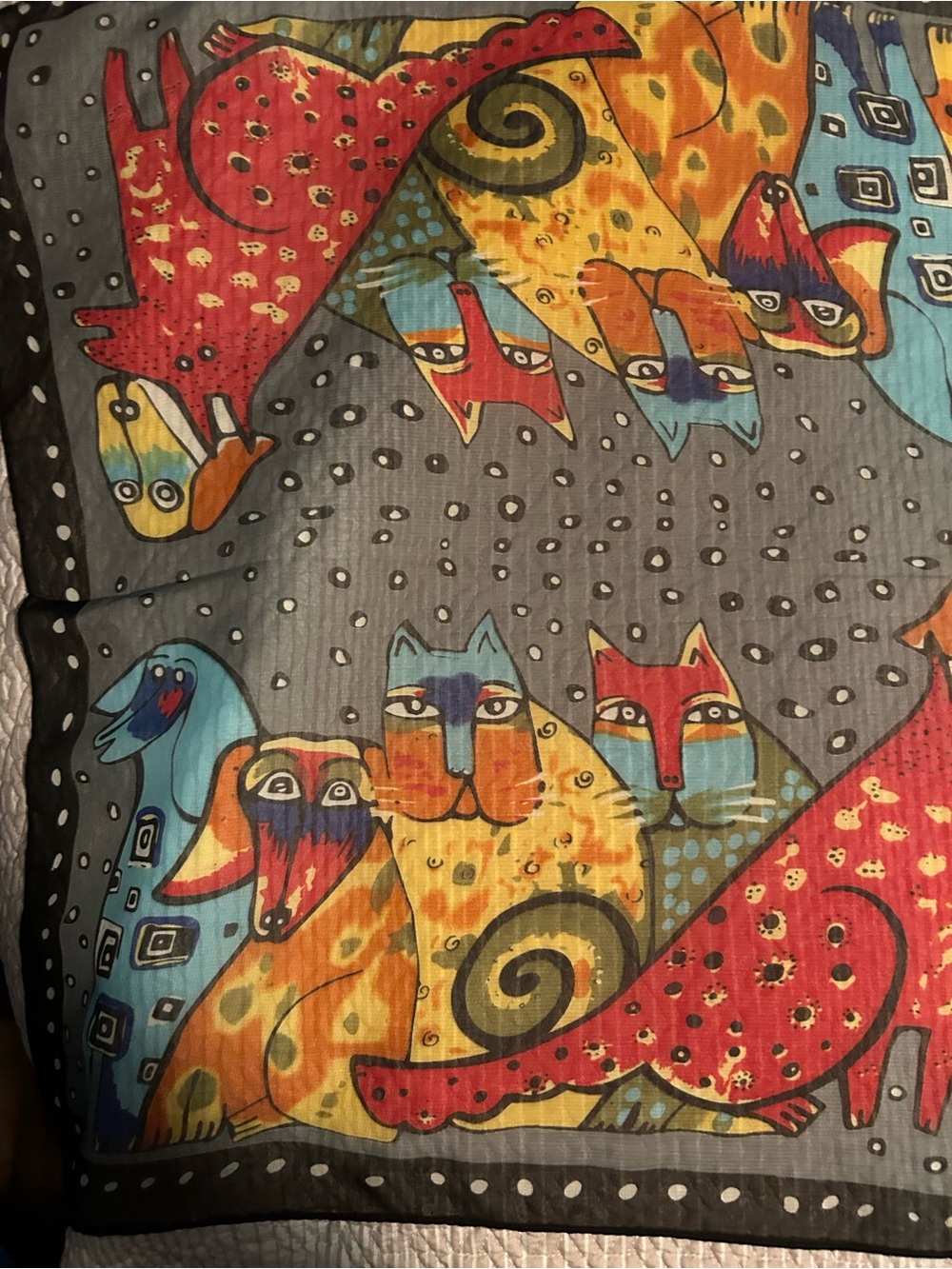 Laurel Burch Multicolor Cat and dog Print Scarf with Grayish black Background .